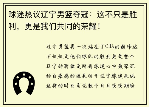 球迷热议辽宁男篮夺冠：这不只是胜利，更是我们共同的荣耀！