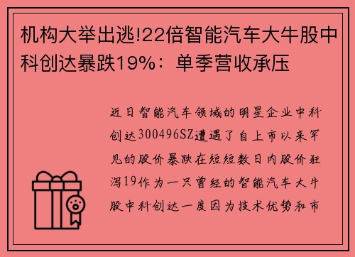 机构大举出逃!22倍智能汽车大牛股中科创达暴跌19%：单季营收承压