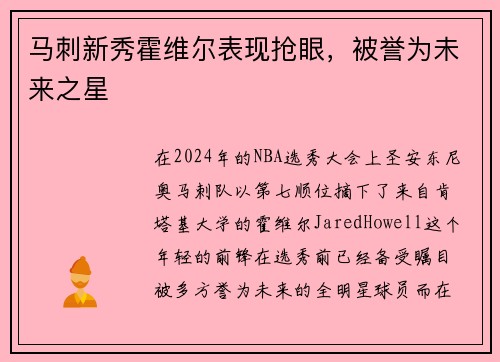 马刺新秀霍维尔表现抢眼，被誉为未来之星