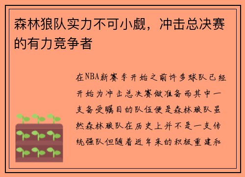 森林狼队实力不可小觑，冲击总决赛的有力竞争者