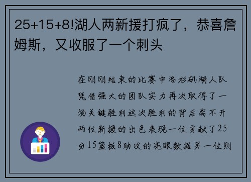 25+15+8!湖人两新援打疯了，恭喜詹姆斯，又收服了一个刺头