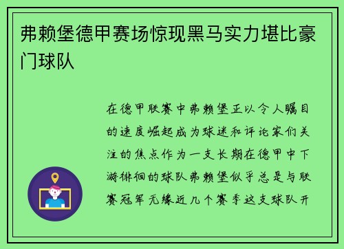 弗赖堡德甲赛场惊现黑马实力堪比豪门球队