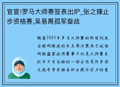 官宣!罗马大师赛签表出炉_张之臻止步资格赛,吴易昺孤军奋战