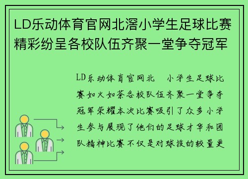 LD乐动体育官网北滘小学生足球比赛精彩纷呈各校队伍齐聚一堂争夺冠军荣耀