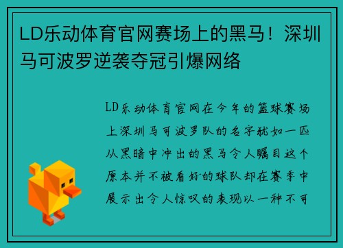 LD乐动体育官网赛场上的黑马！深圳马可波罗逆袭夺冠引爆网络