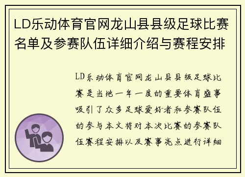 LD乐动体育官网龙山县县级足球比赛名单及参赛队伍详细介绍与赛程安排
