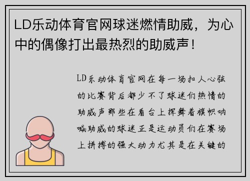 LD乐动体育官网球迷燃情助威，为心中的偶像打出最热烈的助威声！