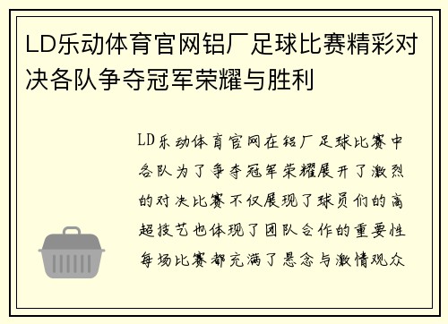 LD乐动体育官网铝厂足球比赛精彩对决各队争夺冠军荣耀与胜利