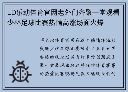 LD乐动体育官网老外们齐聚一堂观看少林足球比赛热情高涨场面火爆