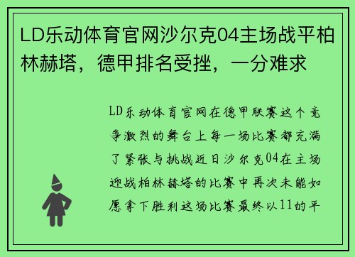 LD乐动体育官网沙尔克04主场战平柏林赫塔，德甲排名受挫，一分难求